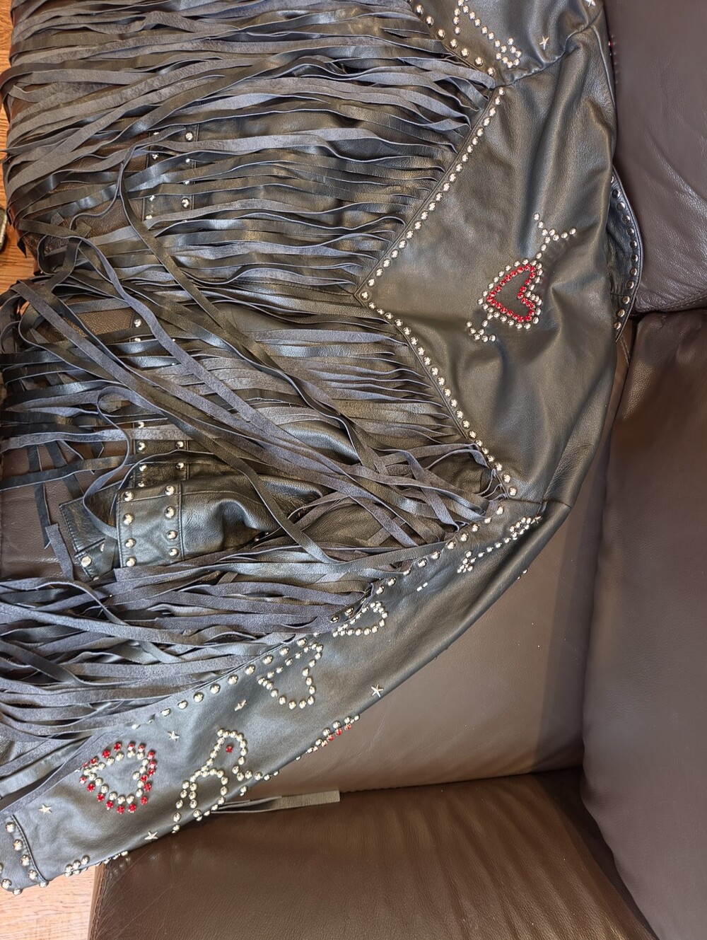 Nasty Gal Black Leather Fringe Jacket with Red Heart Studs - Picture 3 of 9